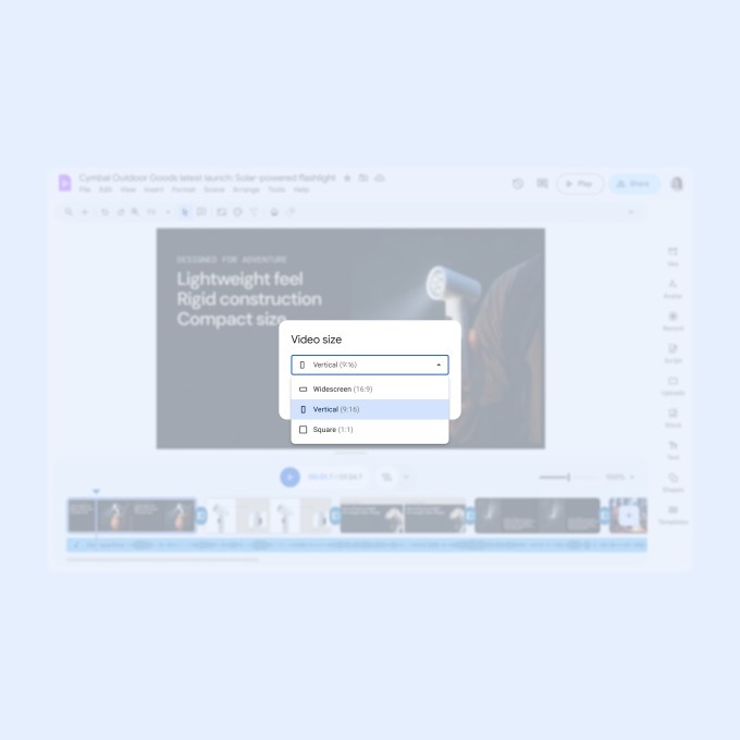 A screenshot of Google Vids video editor which shows an upcoming feature where you will be able to select different formats of video. 