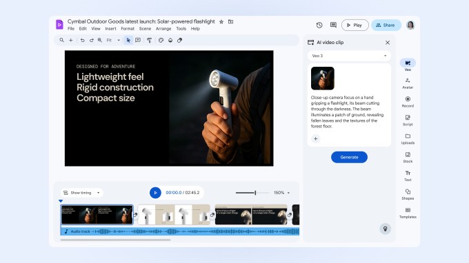 A screenshot of Google Vids video editor showing an image to video generation feature that uses Google's Veo 3 model