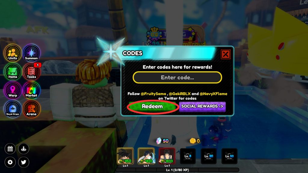 How to redeem codes All Star Tower Defense step 2