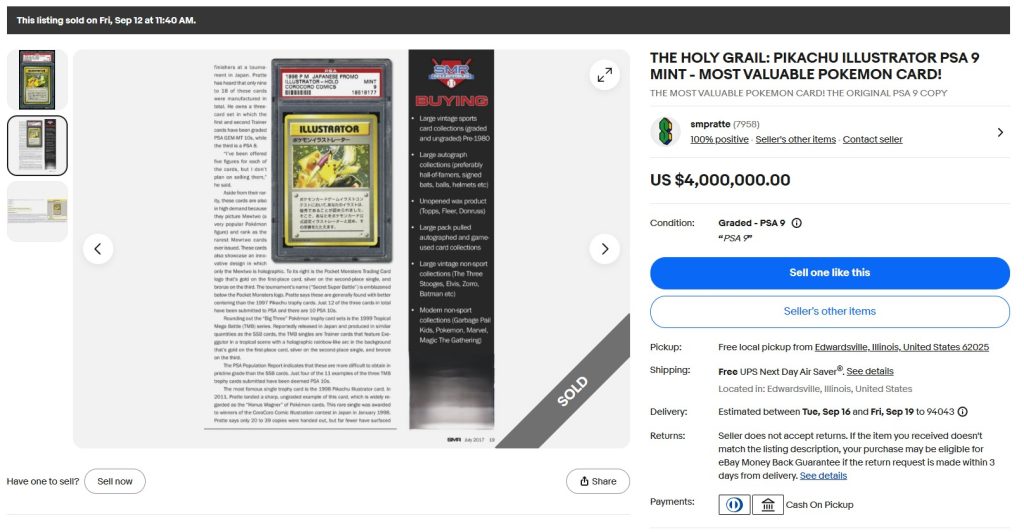 PSA 9 illustrator Pikachu ebay sale