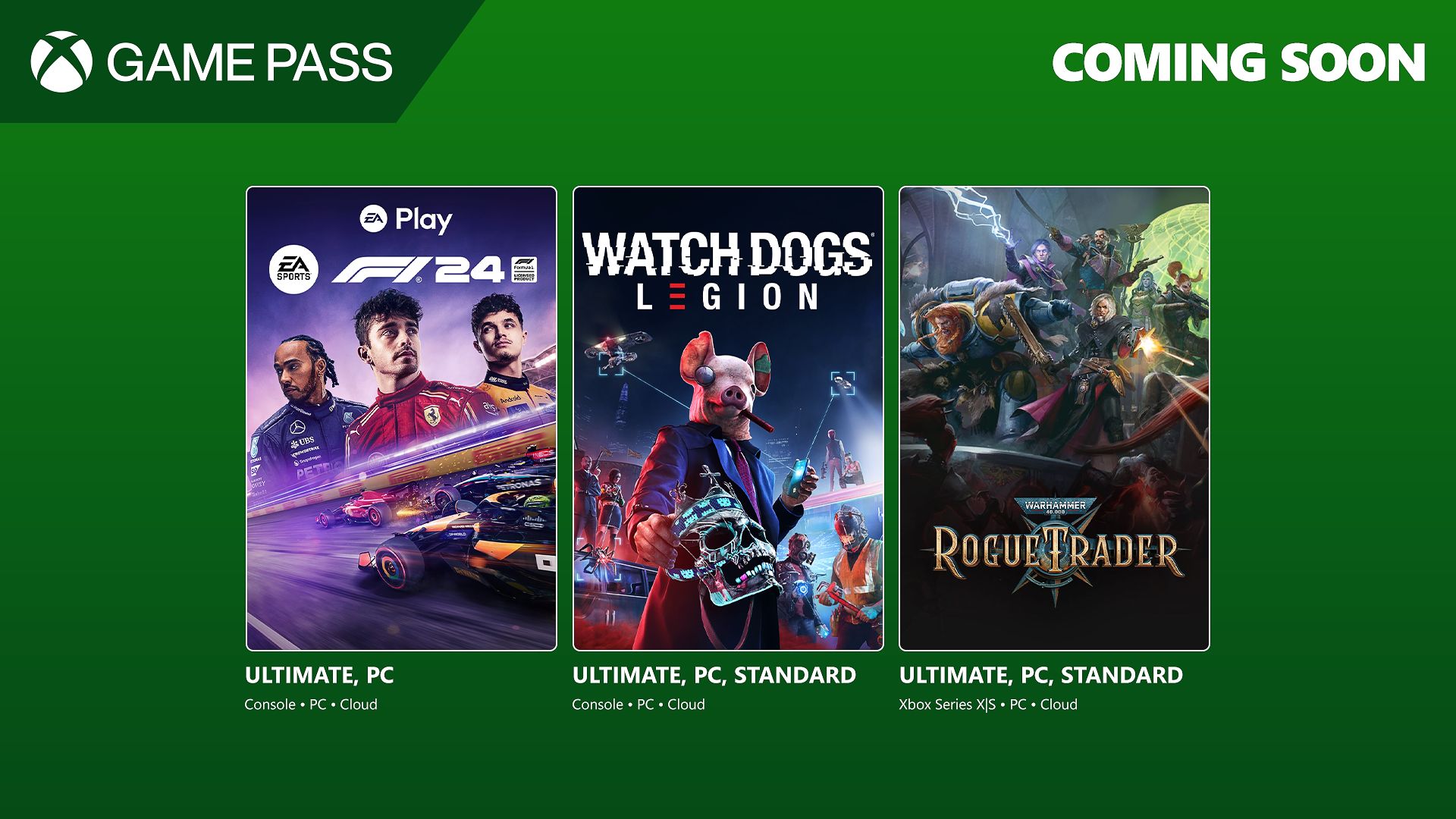 Coming Soon to Game Pass: Watch Dogs: Legion, EA Sports F1 24, and  Warhammer 40,000: Rogue Trader - Xbox Wire
