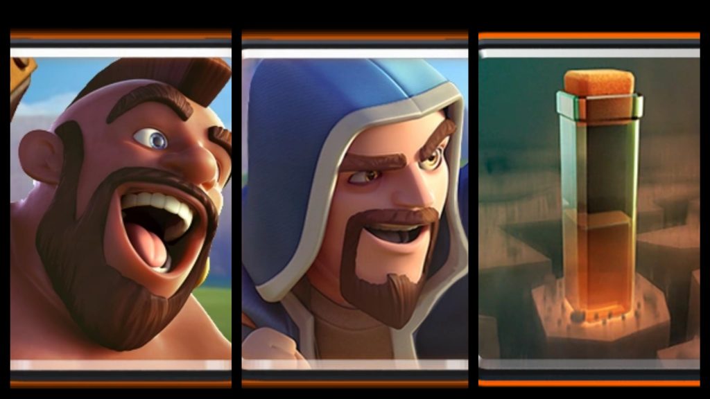 A custom image of 3 top tier Clash Royale cards together, the Hog Rider, Wizard, and Earthquake.