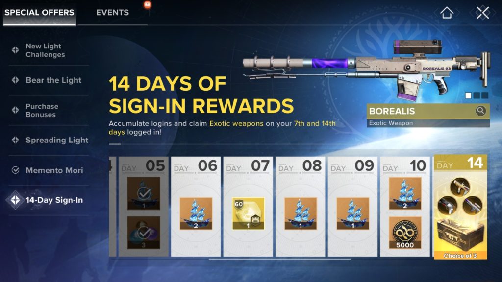 destiny rising 14 day sign-in event