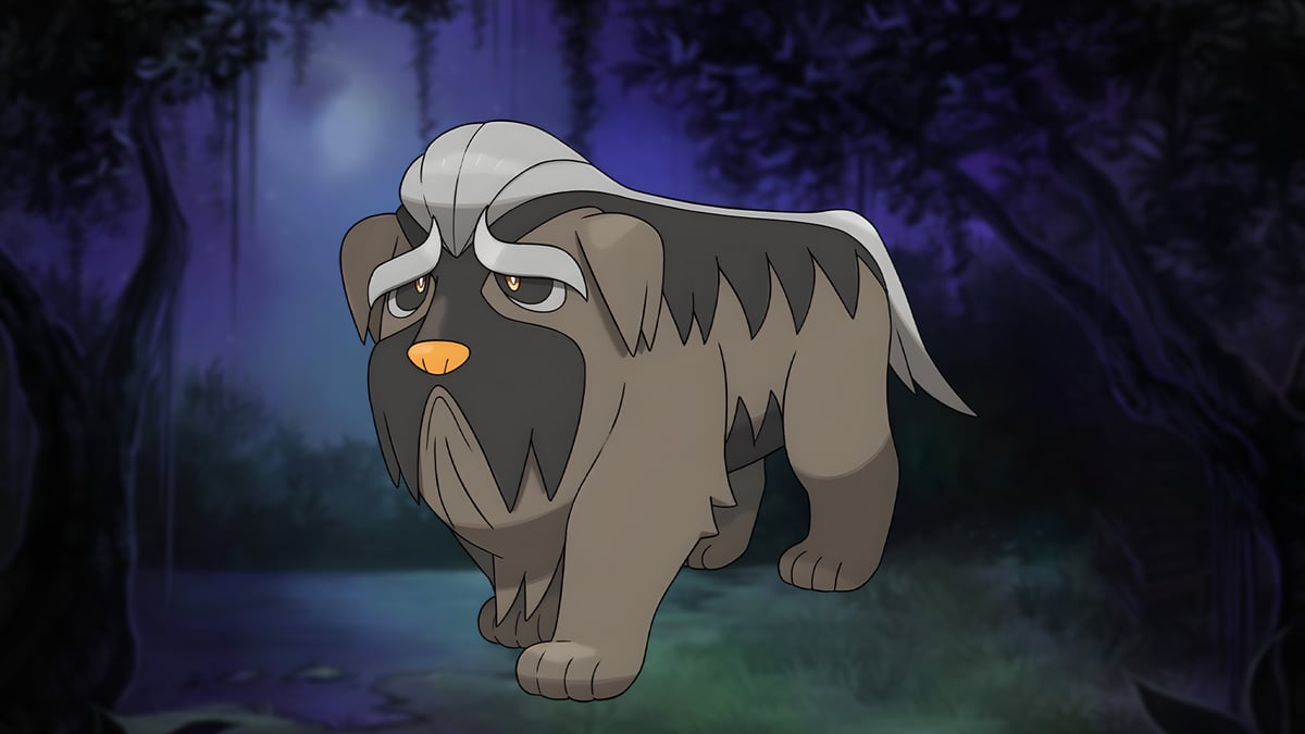 pokemon mabosstiff in dark woods background