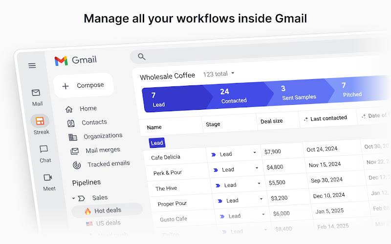 Gmail interface with Streak CRM extension showing a sales pipeline dashboard, alongside text &ldquo;Manage all your workflows inside Gmail.&rdquo;