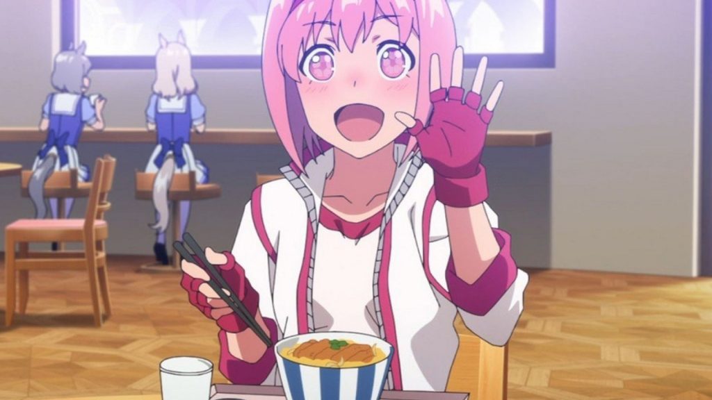 Anime girl eating a bowl of noodles