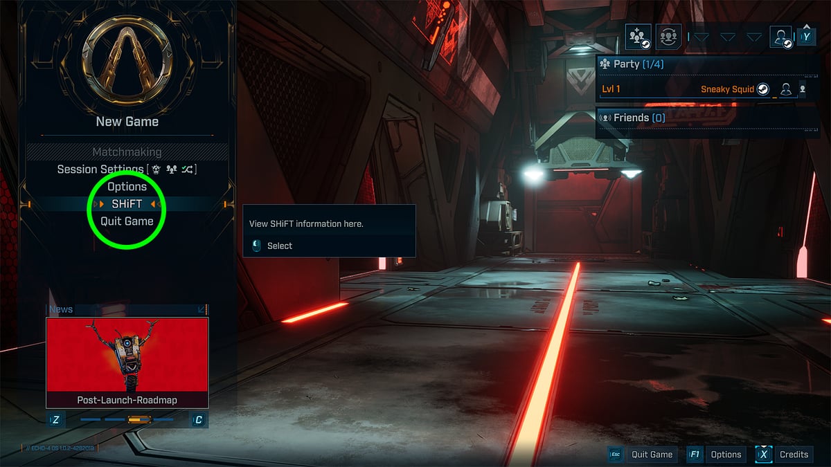 Main menu in Borderlands 4 with therSHIFT codes option