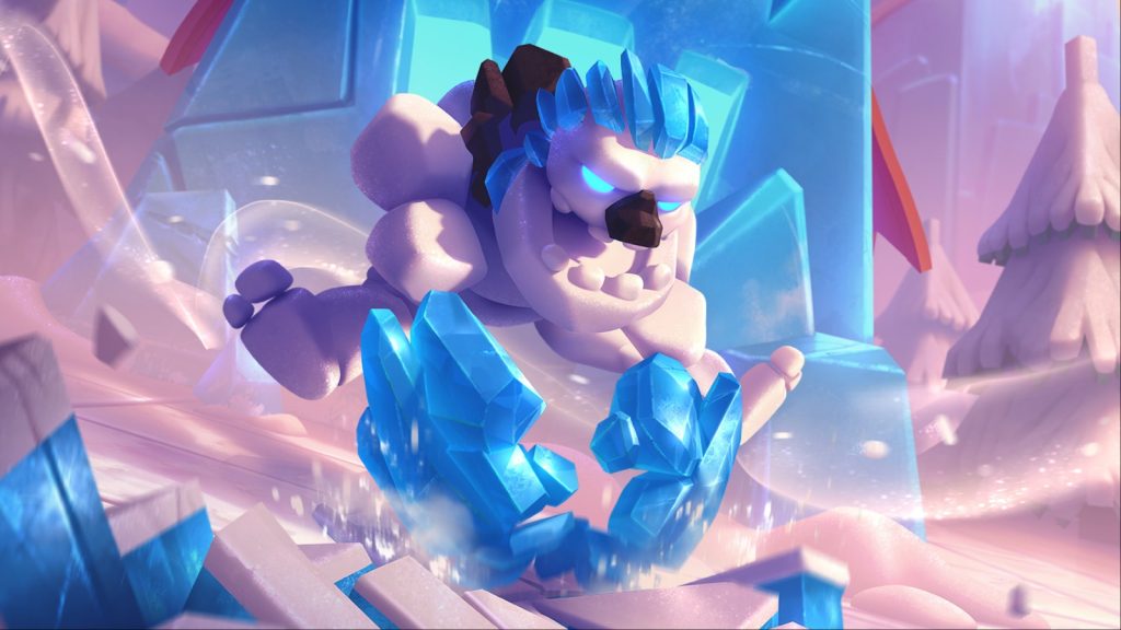 A screenshot featuring the Ice Golem card for Arena 8 Frozen Peak in Clash Royale.
