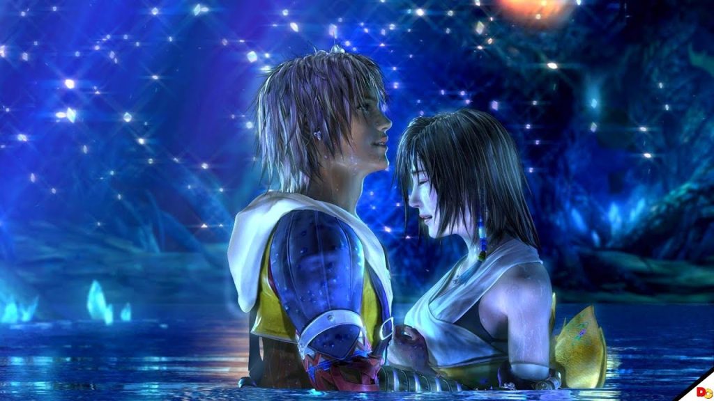 Tidus and Yuna embrace in Final Fantasy X.
