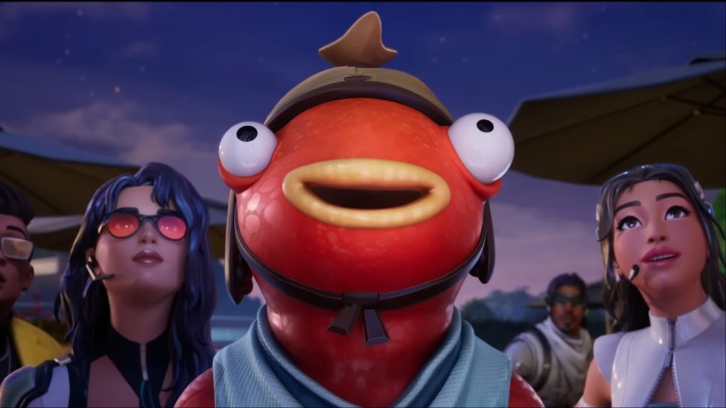 A screenshot featuring Fortnite characters smiling in the Shock N Awesome season.