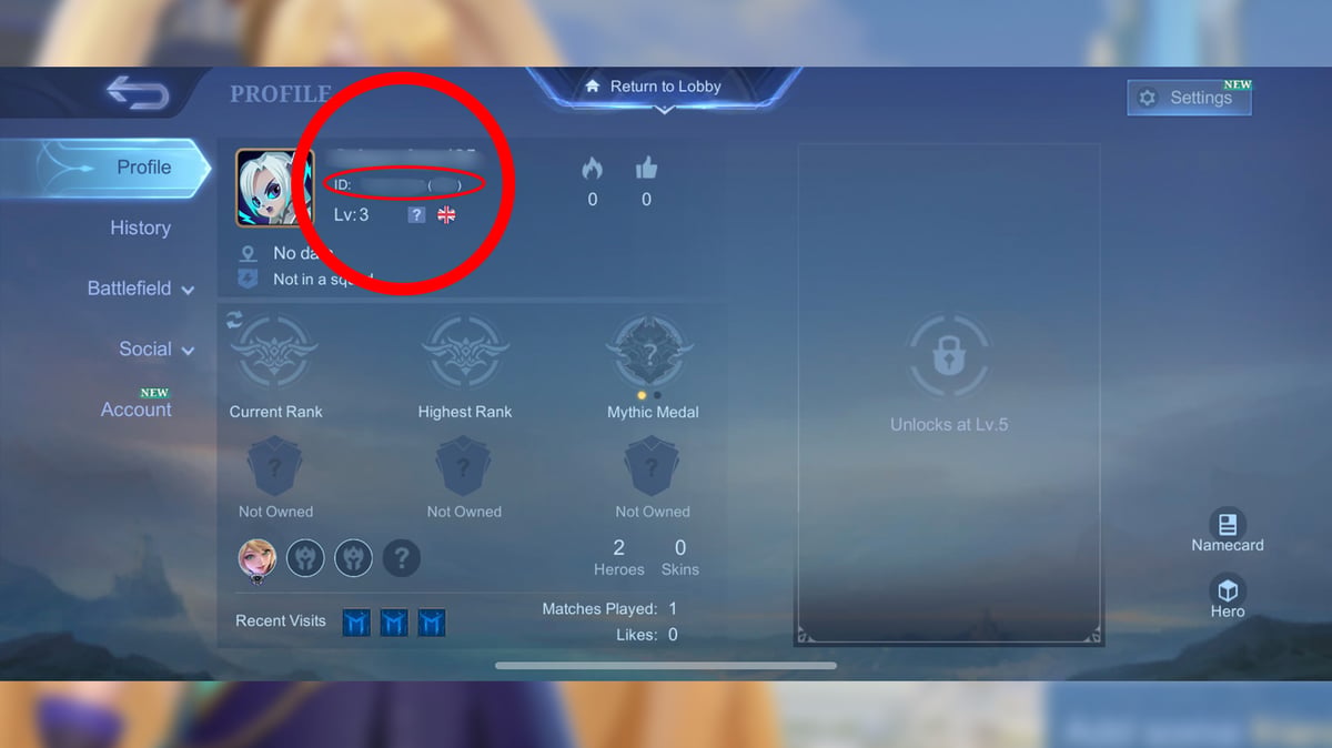 Image of the profile menu in Mobile Legends: Bang Bang, highlighting the ID section needed to redeem codes