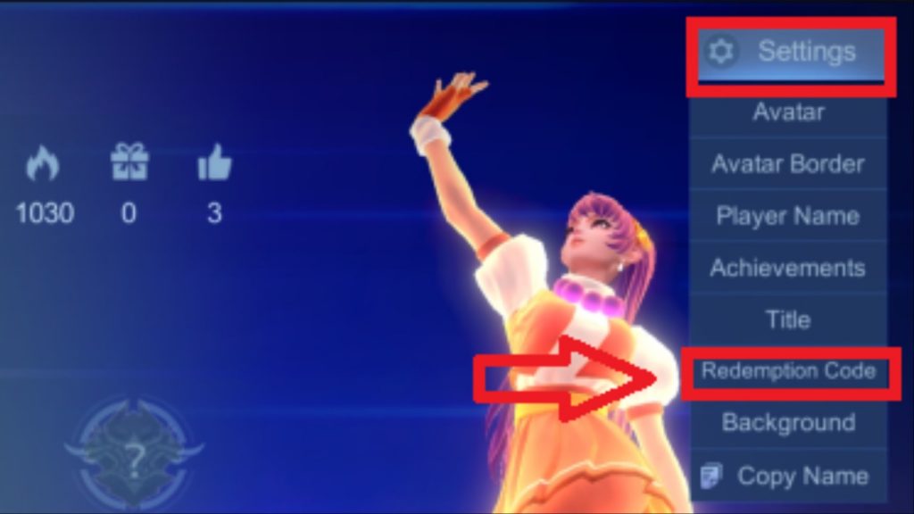 A screenshot featuring the in-game redeem code option in Mobile Legends.