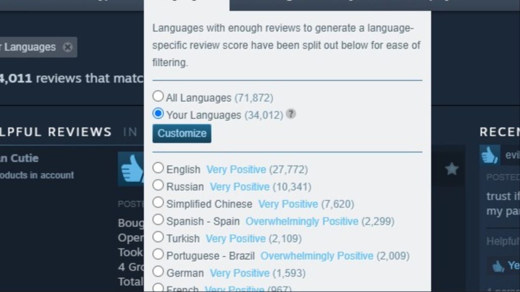 A screenshot featuring an example of a language specific score on Steam.