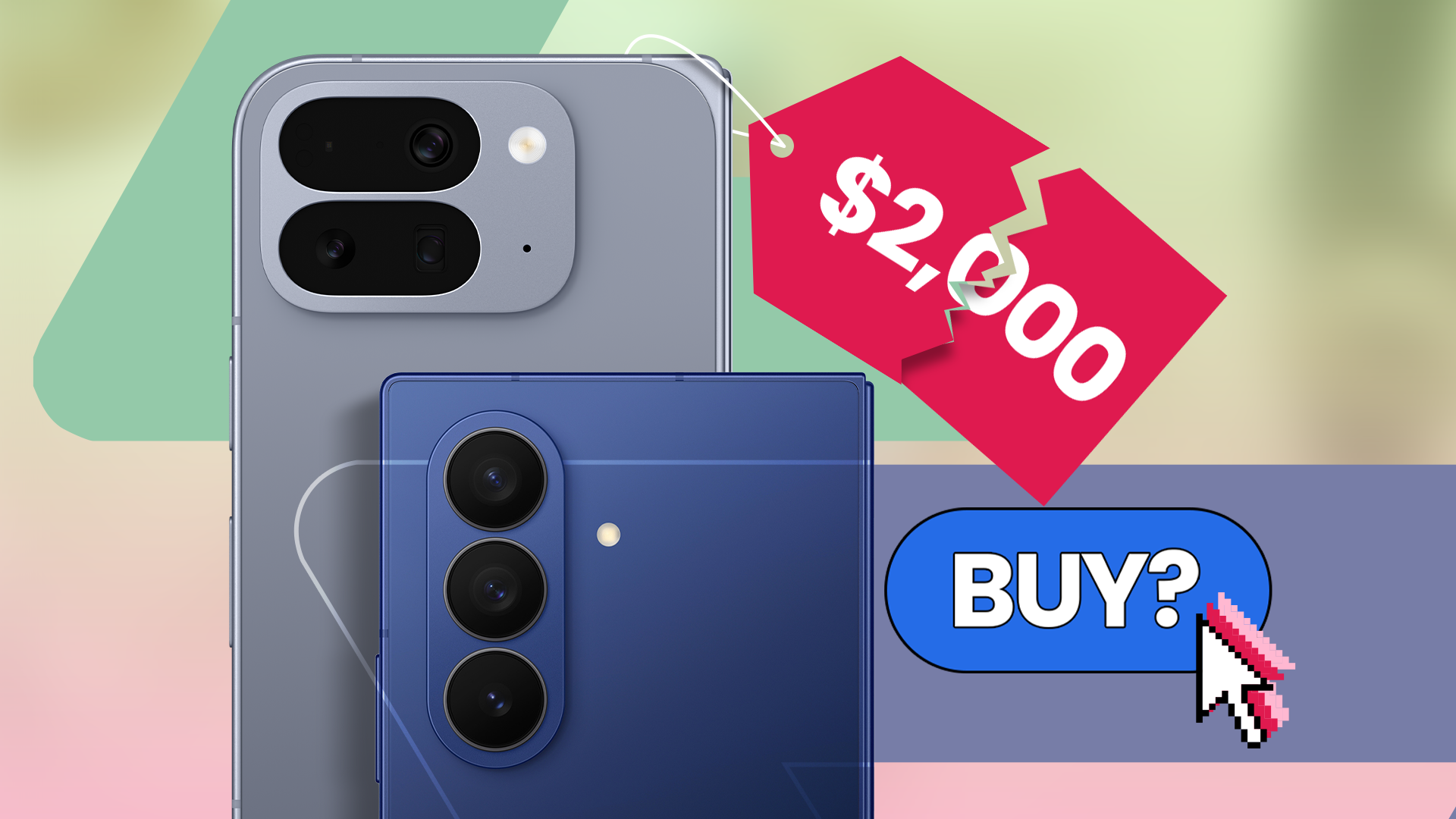 Two smartphones with a torn $2,000 price tag above them and a cursor hovering over a Buy button with a question mark.